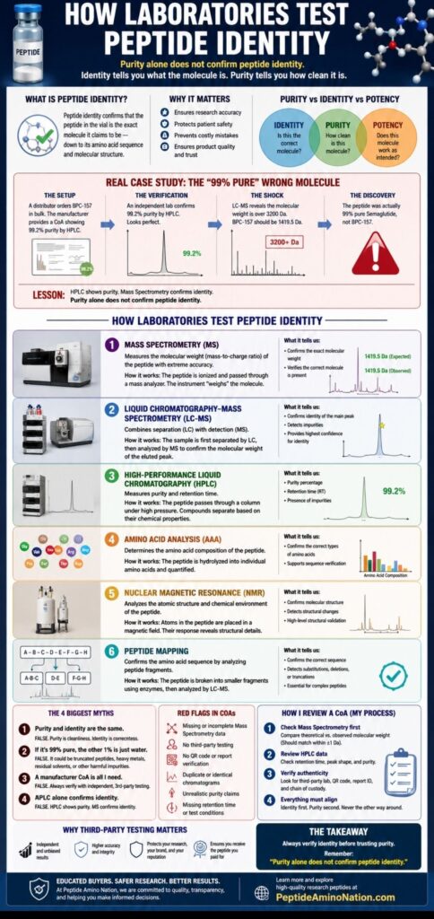 How Laboratories Test Peptide Identity: 6 Powerful Methods That Protect You From Costly Mistakes Infographic explaining how laboratories test peptide identity using Mass Spectrometry (MS), LC-MS, HPLC, Amino Acid Analysis (AAA), NMR, and Peptide Mapping, including peptide purity vs identity, CoA review tips, third-party testing, and a real-world mislabeled peptide case study.