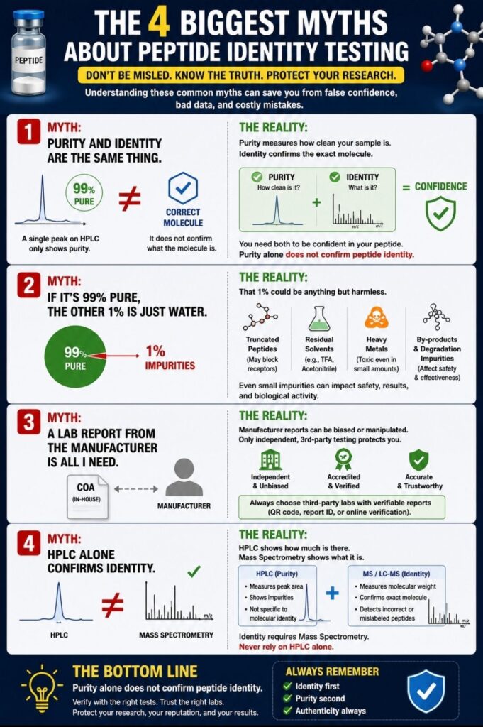 How Laboratories Test Peptide Identity: 6 Powerful Methods That Protect You From Costly Mistakes Infographic explaining the 4 biggest myths about peptide identity testing, including peptide purity vs identity, hidden impurities in peptide products, the importance of third-party laboratory testing, and why HPLC alone cannot confirm peptide identity without Mass Spectrometry (MS) or LC-MS verification