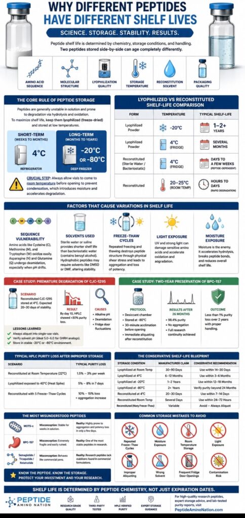 Why Different Peptides Have Different Shelf Lives Why different peptides have different shelf lives, infographics showing storage conditions, degradation factors, stability comparisons, and peptide preservation best practices.