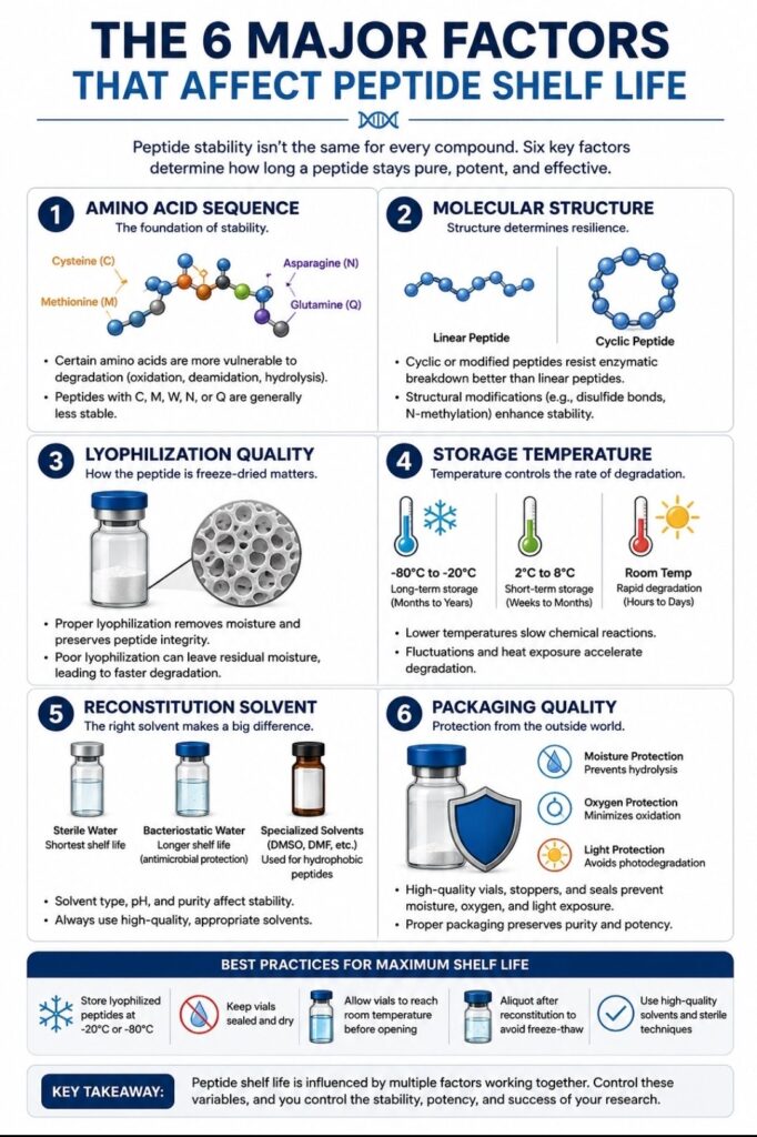 Why Different Peptides Have Different Shelf Lives
Infographic showing the 6 major factors affecting peptide shelf life, including temperature, humidity, light exposure, storage conditions, packaging quality, and handling practices.