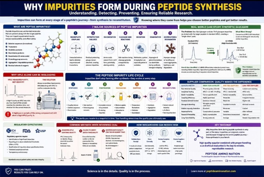 Why Impurities Form During Peptide Synthesis: 7 Critical Mistakes Every Researcher Must Avoid Why impurities form
during peptide synthesis infographic showing
sources of peptide impurities, analytical testing
and quality control.