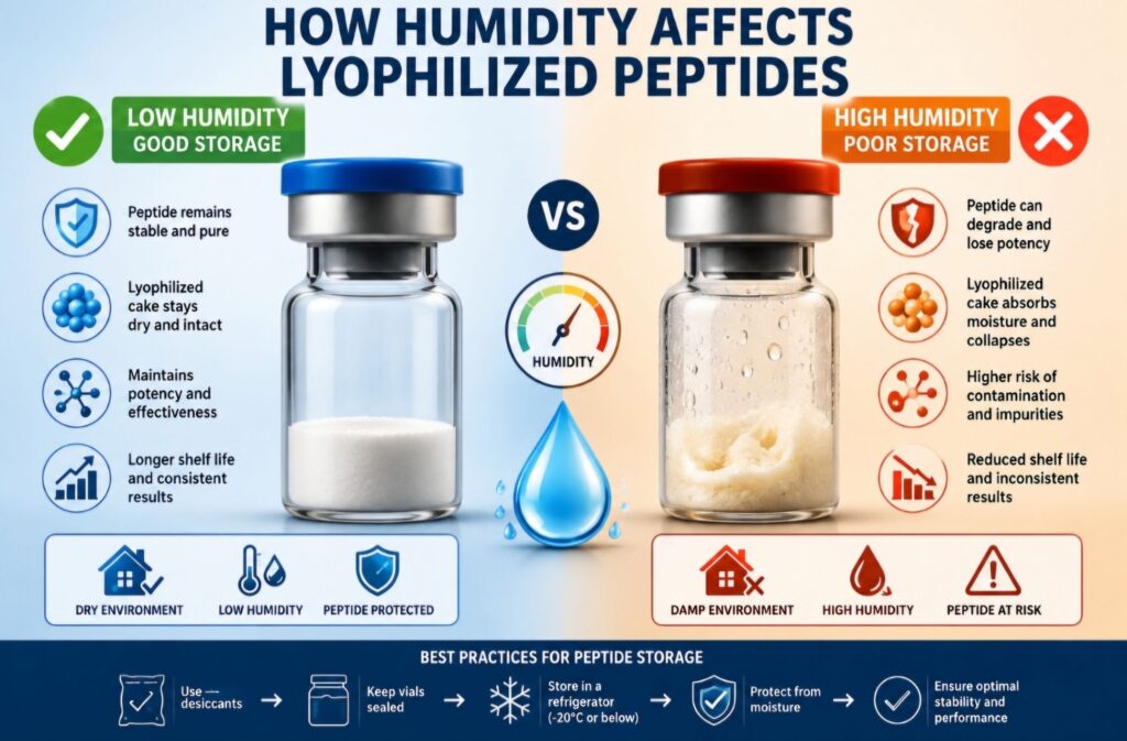 How Humidity Affects Lyophilized Peptides: 10 Critical Risks That Can Secretly Destroy Peptide Stability How humidity affects lyophilized peptides through moisture infiltration into freeze-dried peptide vials