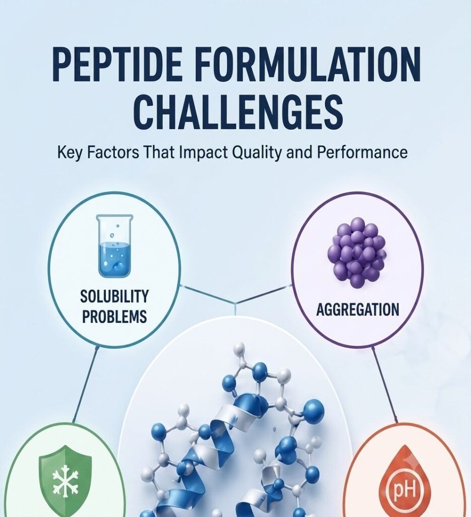 Peptide Formulation Challenges: A Complete Guide for Researchers and Peptide Suppliers Peptide Formulation Challenges including solubility problems, aggregation, stability issues, pH incompatibility, storage degradation, and reconstitution difficulties.