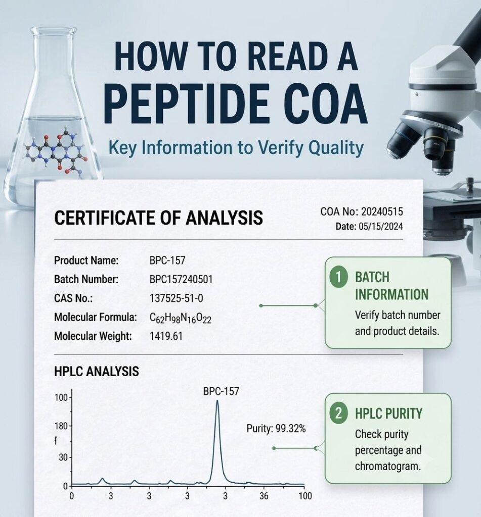Peptide Formulation Challenges: A Complete Guide for Researchers and Peptide Suppliers Peptide certificate of analysis checklist showing HPLC purity, mass spectrometry identity, batch information, and testing data.