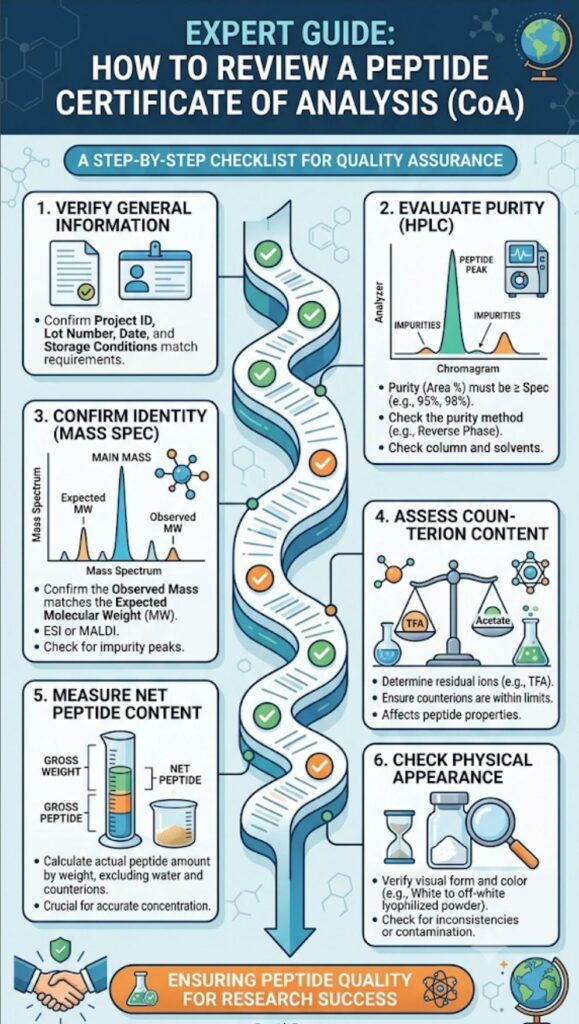 Detailed infographic showing how to review a peptide CoA like an expert, including peptide identity verification, HPLC purity analysis, mass spectrometry results, batch information, peptide sequence confirmation, and key Certificate of Analysis quality checks.