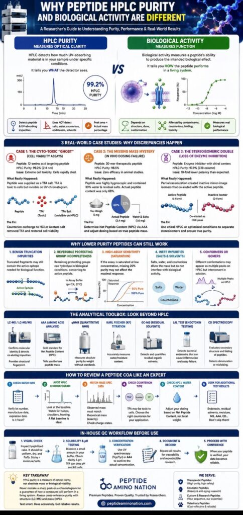 Why Peptide HPLC Purity and Biological Activity Are Different infographic explaining HPLC purity vs biological activity, peptide quality testing, LC-MS, net peptide content, peptide impurities, case studies, CoA review process, and peptide quality control workflow for researchers.