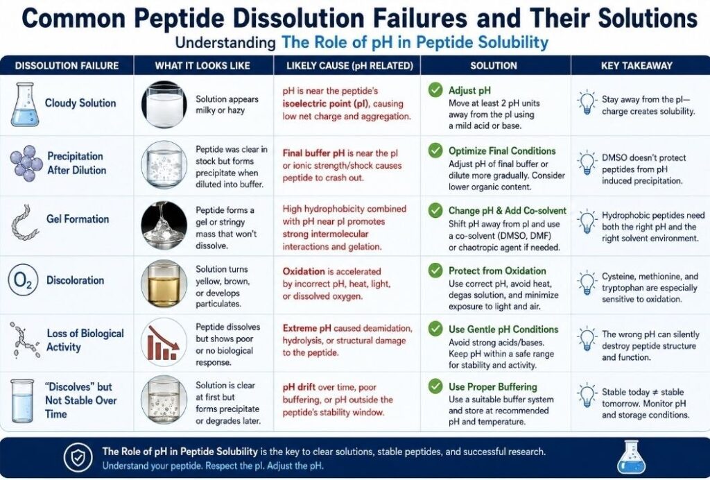 The Role of pH in Peptide Solubility: 9 Powerful Rules That Prevent Costly Peptide Dissolution Mistakes Illustration explaining Common Peptide Dissolution Failures and Their Solutions, including peptide clumping, incomplete dissolution, foam formation, incorrect solvent selection, pH-related solubility issues, and effective peptide reconstitution troubleshooting methods.