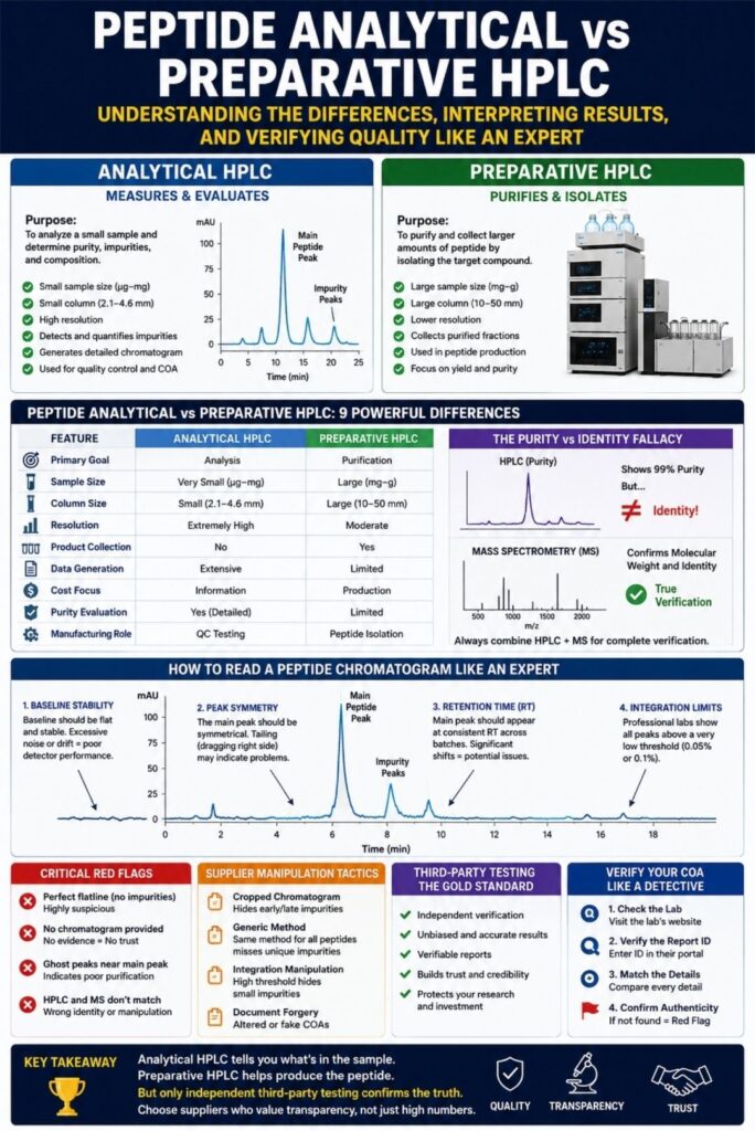 Peptide Analytical vs Preparative HPLC: 9 Powerful Differences Every Researcher Must Understand Peptide Analytical vs Preparative HPLC infographic showing peptide purity testing, chromatogram analysis, key differences between analytical and preparative HPLC, and third-party verification methods
