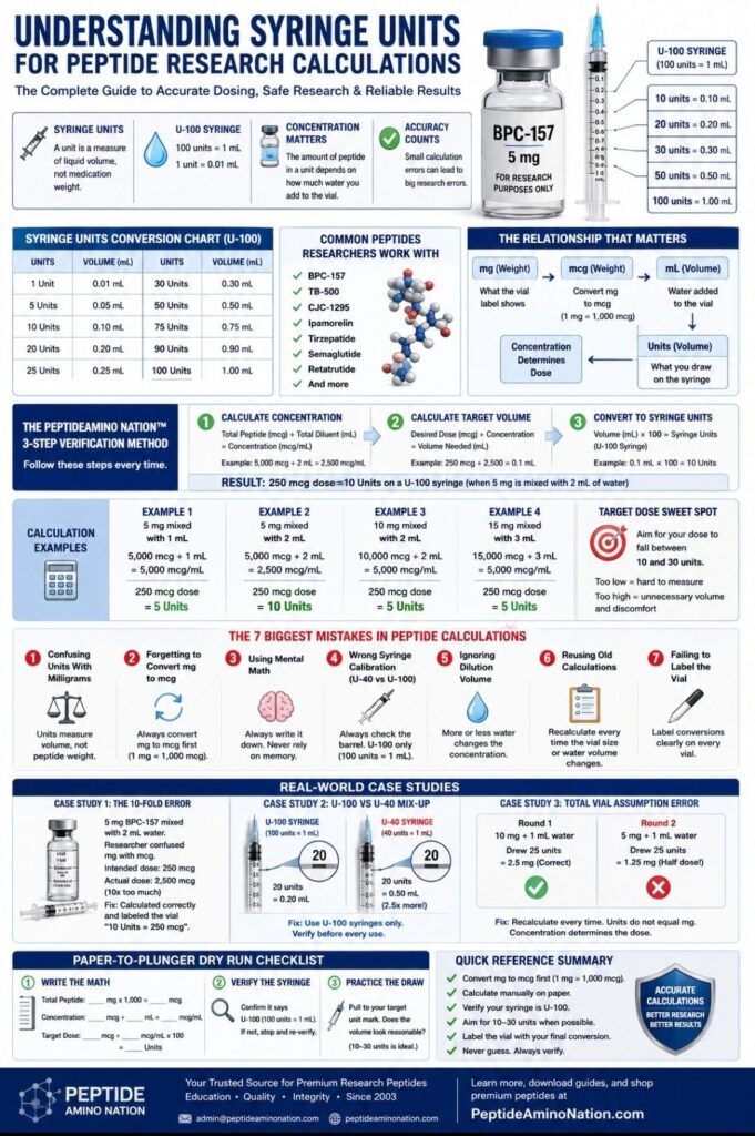Comprehensive infographic explaining understanding syringe units for peptide research calculations, including U-100 syringe conversion chart, peptide concentration formulas, mg to mcg conversions, dosage examples for BPC-157, TB-500, CJC-1295, Ipamorelin, Tirzepatide, Semaglutide, and Retatrutide, plus real-world case studies and peptide calculation verification methods.
Image 2: The 7 Biggest Mistakes in Understanding Syringe Units for Peptide Research Calculations
