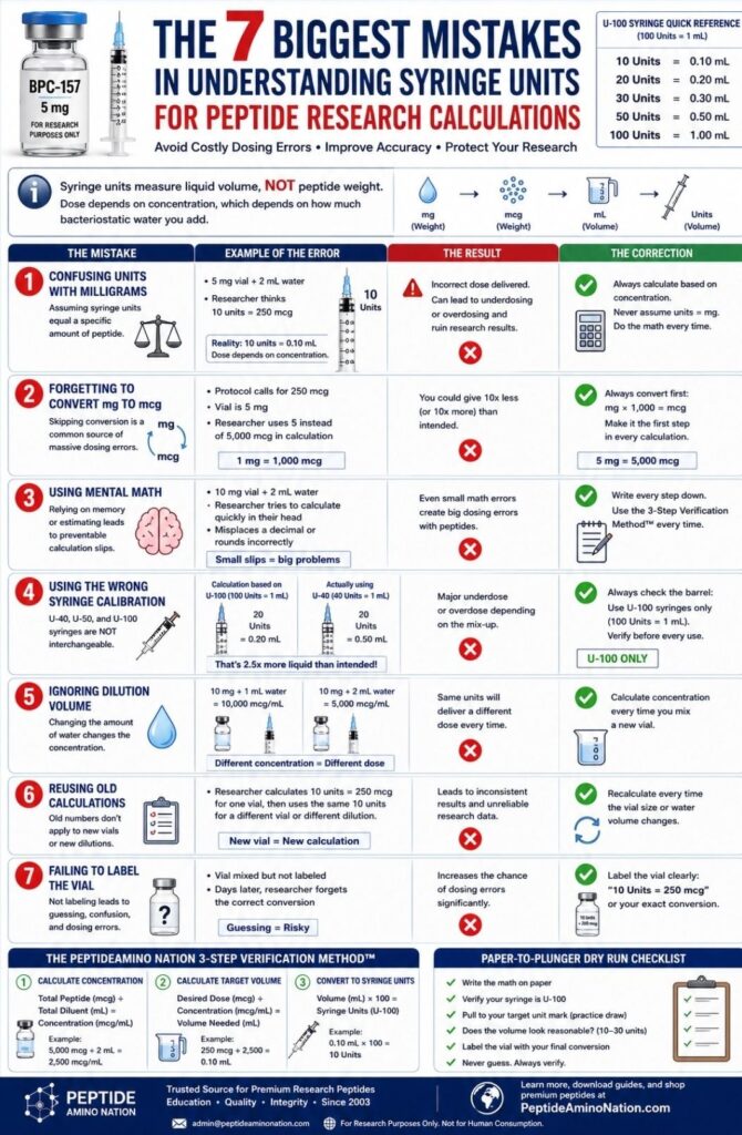 Detailed infographic showing the 7 biggest mistakes in understanding syringe units for peptide research calculations, including confusing syringe units with milligrams, forgetting mg to mcg conversions, using mental math, wrong syringe calibration, dilution errors, reusing old calculations, and failing to label peptide vials, with expert correction tips and U-100 syringe guidance.