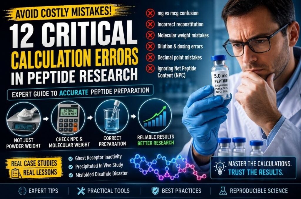 Common Calculation Errors in Peptide Research: 12 Critical Mistakes Every Scientist Must Avoid for Accurate Results Scientist reviewing peptide concentration calculations, laboratory formulas, molecular weight data, and peptide reconstitution workflow to avoid common calculation errors in peptide research.
Recommended Blog Category
Peptide Research Guides