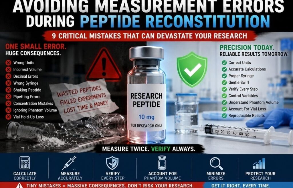 Avoiding Measurement Errors During Peptide Reconstitution: 9 Critical Mistakes That Can Devastate Your Research Avoiding Measurement Errors During Peptide Reconstitution, highlighting nine critical mistakes including incorrect syringe units, decimal point errors, wrong BAC water volume, concentration miscalculations, improper syringe selection, and peptide handling techniques for accurate peptide research.
