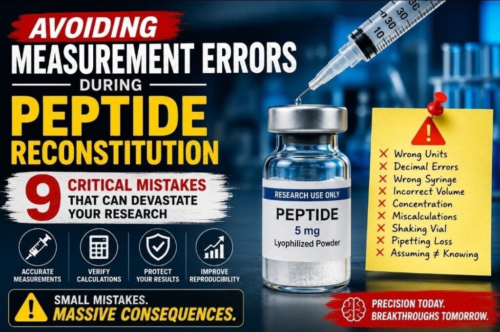 Avoiding Measurement Errors During Peptide Reconstitution: 9 Critical Mistakes That Can Devastate Your Research Avoiding Measurement Errors During Peptide Reconstitution, highlighting nine critical mistakes including incorrect syringe units, decimal point errors, wrong BAC water volume, concentration miscalculations, improper syringe selection, and peptide handling techniques for accurate peptide research.