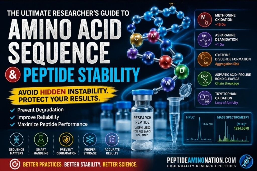 
Amino Acid Sequence and Peptide Stability Scientific illustration showing how amino acid sequence affects peptide stability, oxidation, deamidation, aggregation, and proper peptide storage for laboratory research.