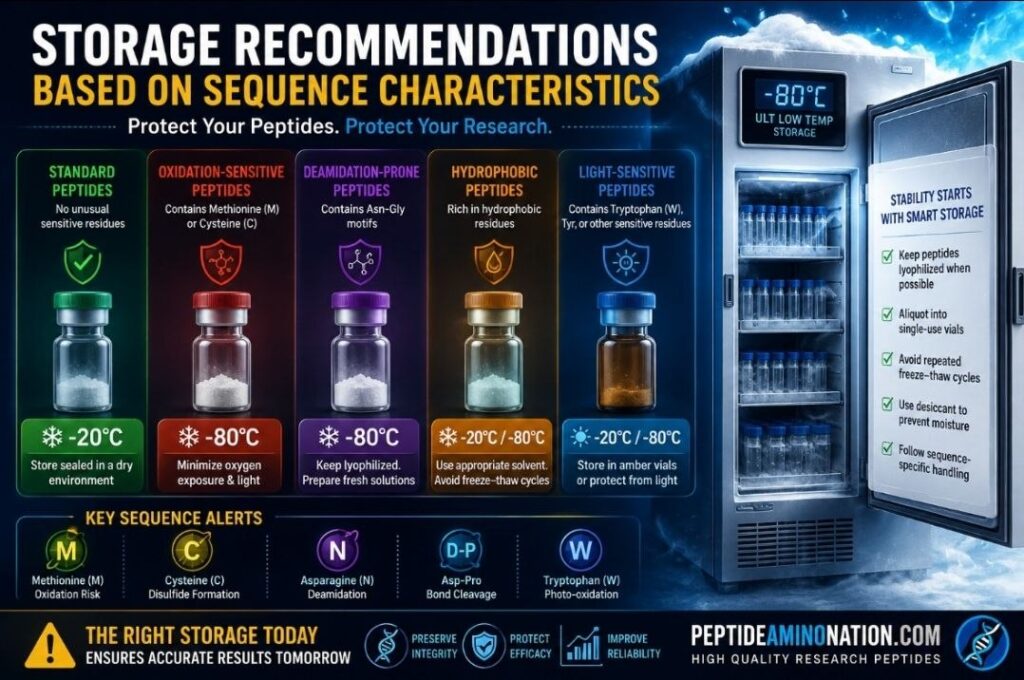 Scientific infographic illustrating storage recommendations based on sequence characteristics, including oxidation-sensitive, hydrophobic, deamidation-prone, and light-sensitive research peptides with best storage temperatures and Amino Acid Sequence and Peptide Stability.
