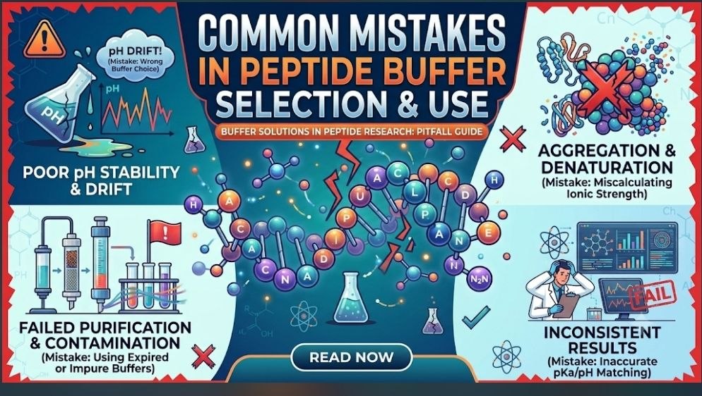 An educational infographic titled "Common Mistakes in Peptide Buffer Selection & Use." The central image shows a disrupted peptide molecular structure, highlighting four major lab pitfalls: poor pH stability and drift due to wrong buffer choice, aggregation and denaturation from miscalculating ionic strength, failed purification and contamination from using expired or impure buffers, and inconsistent results from inaccurate pKa/pH matching. A frustrated scientist is pictured at a lab workstation displaying data errors.