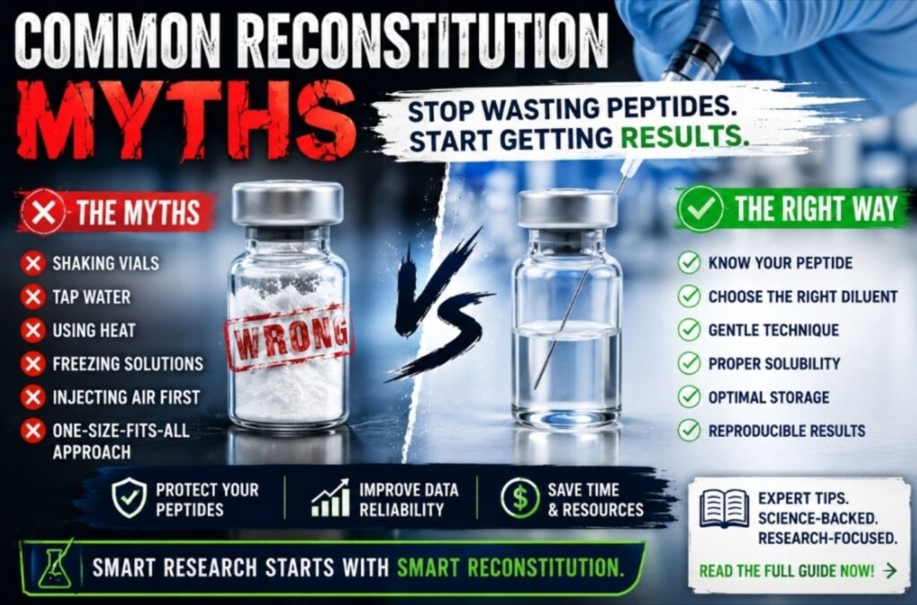 Common Peptide Reconstitution Myths: 15 Dangerous Mistakes Every Researcher Should Avoid for Better Peptide Stability Laboratory researcher properly reconstituting a lyophilized peptide vial using sterile technique, demonstrating correct peptide handling while avoiding common peptide reconstitution myths for improved peptide stability and research accuracy.