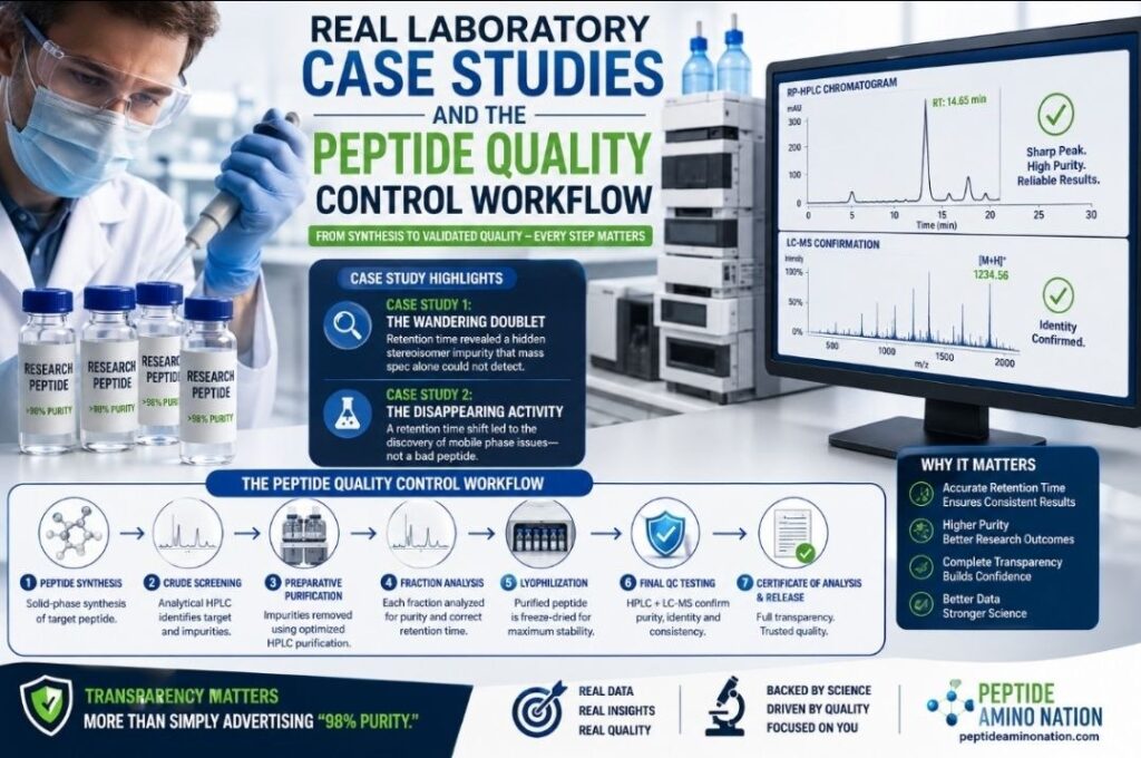 Understanding Retention Time in Peptide HPLC: 15 Powerful Facts Every Researcher Must Know Professional infographic illustrating real laboratory case studies and the peptide quality control workflow, including peptide synthesis, analytical RP-HPLC, LC-MS confirmation, preparative purification, fraction analysis, lyophilization, final QC testing, and Certificate of Analysis (COA) generation for research-grade peptides.