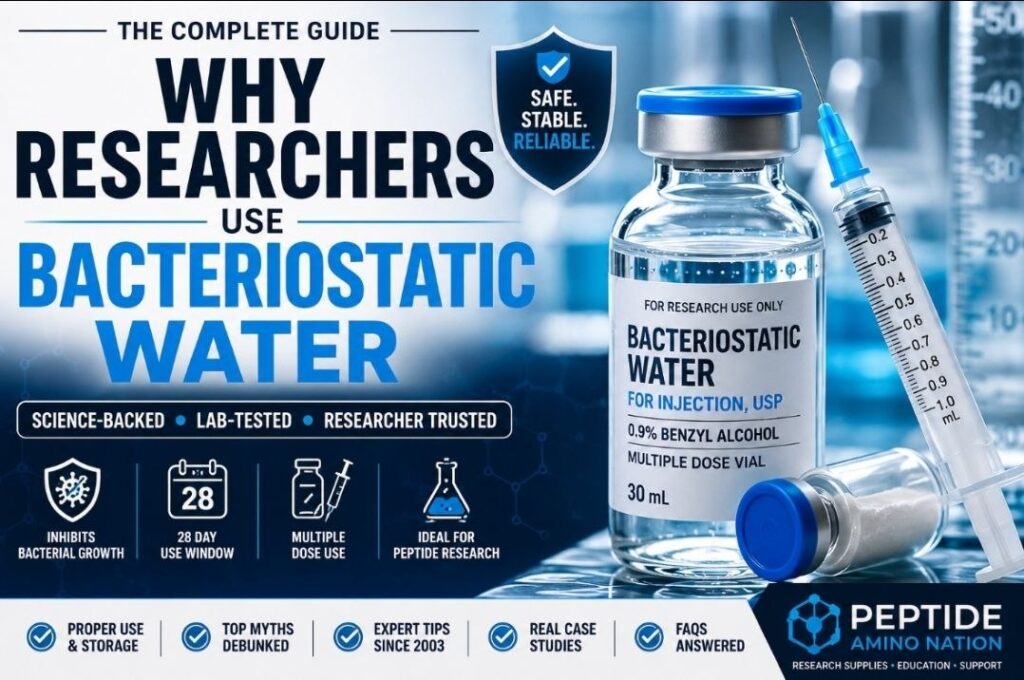 Why Researchers Use Bacteriostatic Water: 9 Proven Reasons Every Laboratory Should Know Why Researchers Use Bacteriostatic Water Laboratory researcher using bacteriostatic water to reconstitute a lyophilized peptide vial with sterile technique for peptide research.