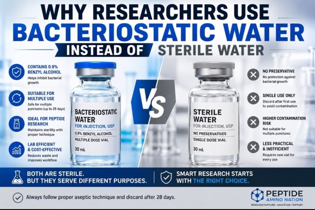 Why Researchers Use Bacteriostatic Water: 9 Proven Reasons Every Laboratory Should Know A side-by-side comparison of a bacteriostatic water vial containing benzyl alcohol and a standard sterile water vial used in laboratory research.