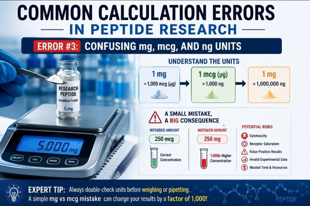 Common Calculation Errors in Peptide Research: 12 Critical Mistakes Every Scientist Must Avoid for Accurate Results An infographic detailing the most common calculation errors in peptide research, including molarity, dilution, and molecular weight mistakes in a laboratory setting.