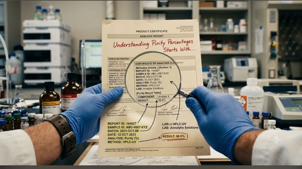 Understanding Purity Percentages on COAs 11 Powerful Truth Every Research Must Know Before Buying Peptides A scientist wearing blue gloves holds a Certificate of Analysis (COA) document in a laboratory, using a magnifying glass to highlight the metadata details and a 98.6% purity result.
A scientist wearing blue gloves holds a Certificate of Analysis (COA) document in a laboratory, using a magnifying glass to highlight the metadata details and a 98.6% purity result