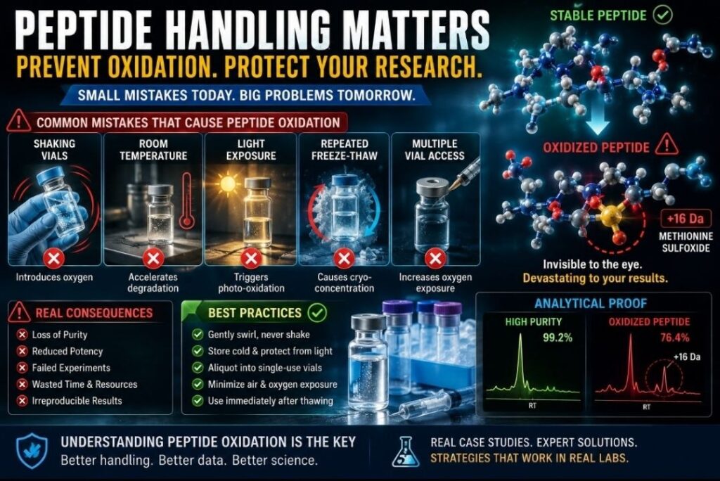 Comprehensive infographic titled "Peptide Handling Matters: Prevent Oxidation. Protect Your Research." detailing how improper laboratory handling leads to peptide oxidation and compromised data.