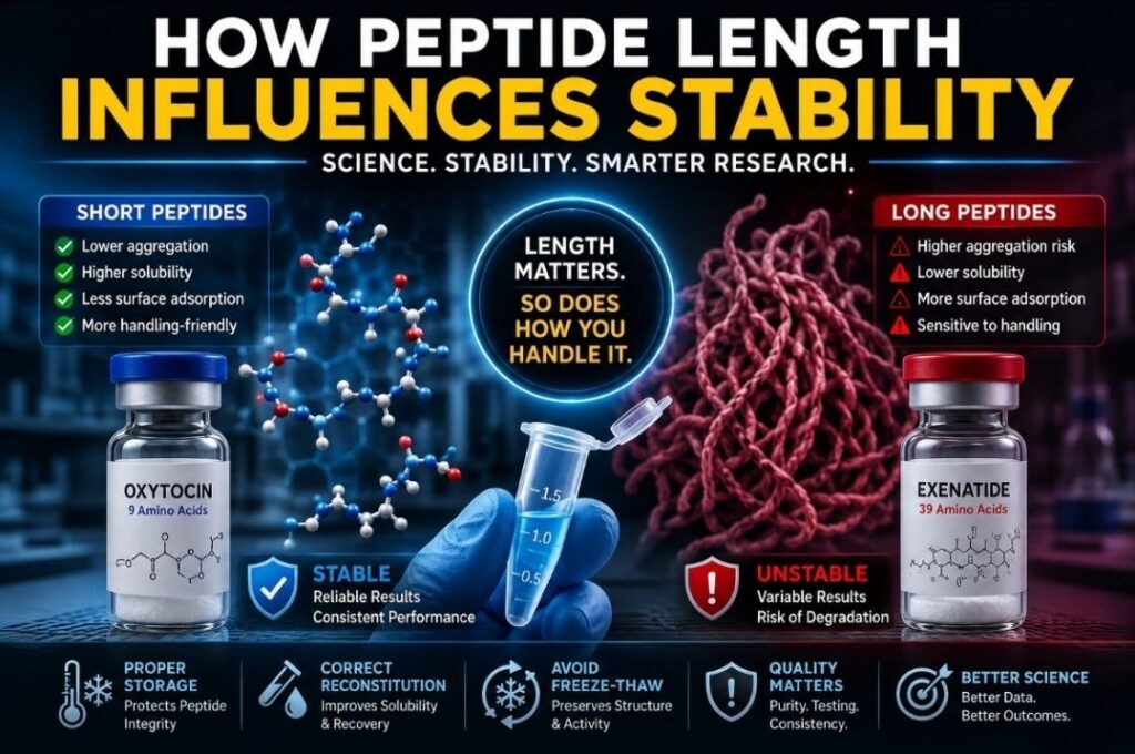 Infographic explaining how peptide length influences stability, comparing short peptides, long peptides, aggregation, storage methods, freeze-thaw effects, and laboratory handling best practices.