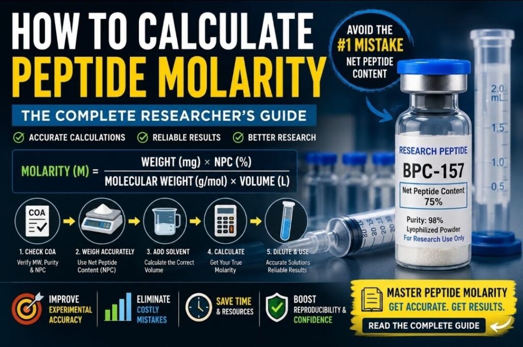 
Scientist calculating peptide molarity using molecular weight, Net Peptide Content, and laboratory calculations for accurate peptide research.
