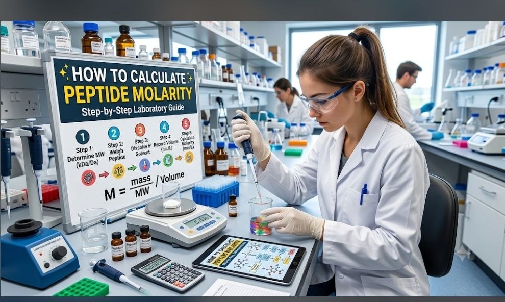 How to Calculate Peptide Molarity
Scientist calculating peptide molarity using molecular weight, Net Peptide Content, and laboratory calculations for accurate peptide research.