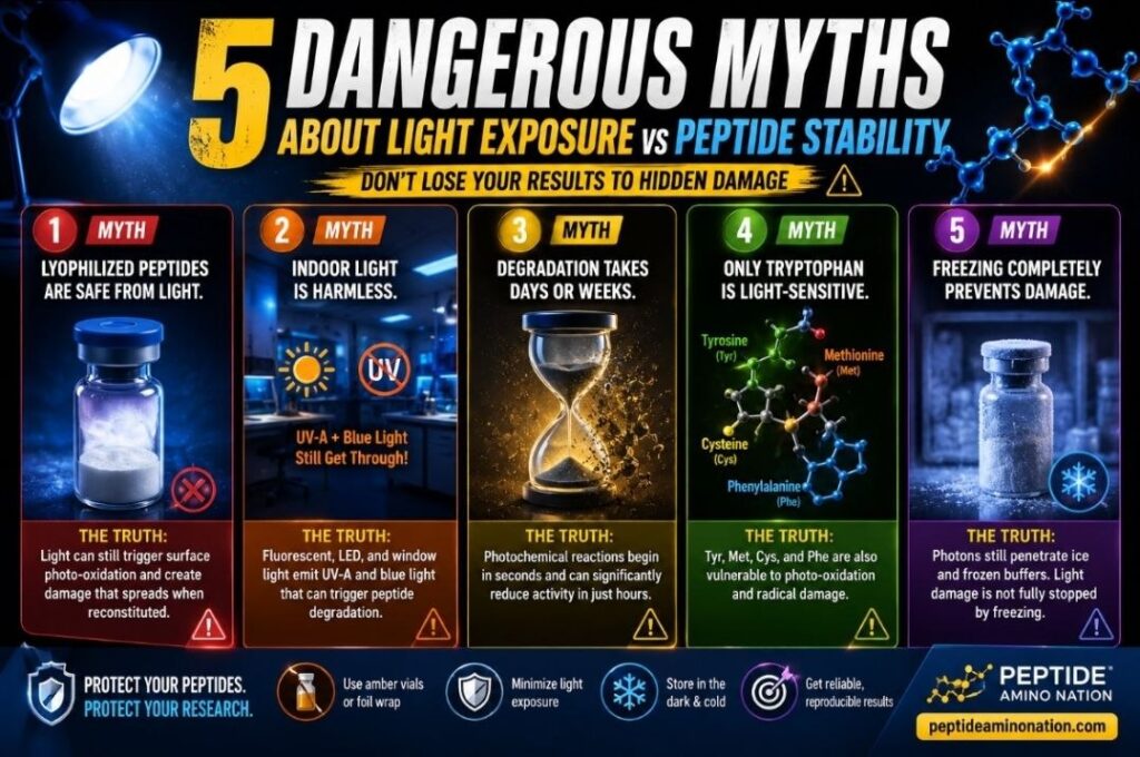 Educational infographic explaining five dangerous myths about Light Exposure vs Peptide Stability, including misconceptions about lyophilized peptides, indoor lighting, freezing, and photo-oxidation, with expert guidance on protecting research peptides from light-induced degradation.