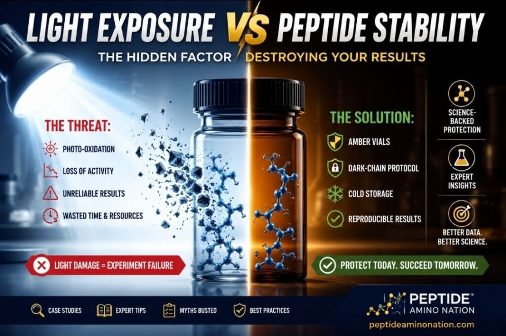 Infographic illustrating Light Exposure vs Peptide Stability by comparing peptide degradation under bright laboratory light with proper protection using amber vials, dark-chain storage, and cold-chain handling to preserve research peptide integrity and reproducible experimental results.