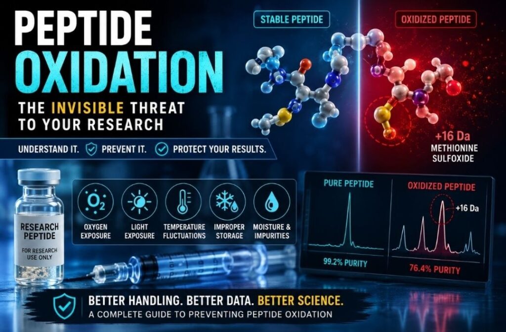Understanding Peptide Oxidation: Scientific illustration showing peptide oxidation, comparing stable and oxidized peptides, highlighting methionine oxidation (+16 Da), HPLC purity analysis, and best practices for preventing peptide degradation in laboratory research.