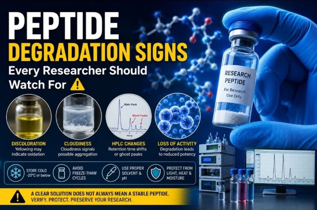 Peptide Degradation Signs: 7 Critical Warnings Researchers Should Never Ignore Illustration shows peptide degradation signs, including oxidation, aggregation, HPLC chromatogram changes, and proper peptide storage techniques for laboratory researchers.