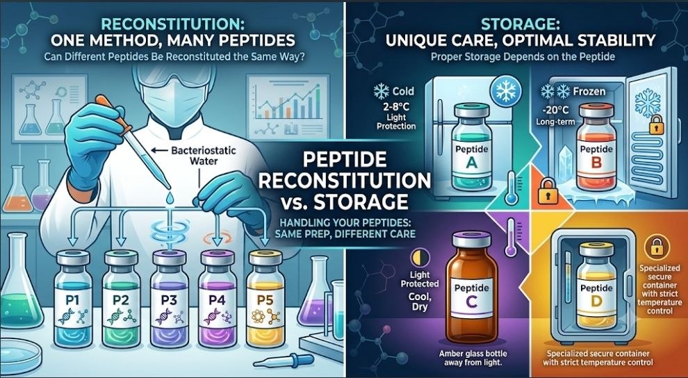 Can Different Peptides Be Reconstituted the Same Way? 9 Powerful Facts Every Researcher Must Know An infographic split into two sections explaining peptide handling. The left side shows a scientist using bacteriostatic water to reconstitute five different peptides (P1 to P5) using the same method. The right side shows four different storage environments for specific peptides: Peptide A in a refrigerator (2-8°C), Peptide B in a freezer (-20°C), Peptide C in an amber glass bottle protected from light, and Peptide D in a specialized secure container. The central text reads "Peptide Reconstitution vs. Storage: Handling Your Peptides: Same Prep, Different Care."