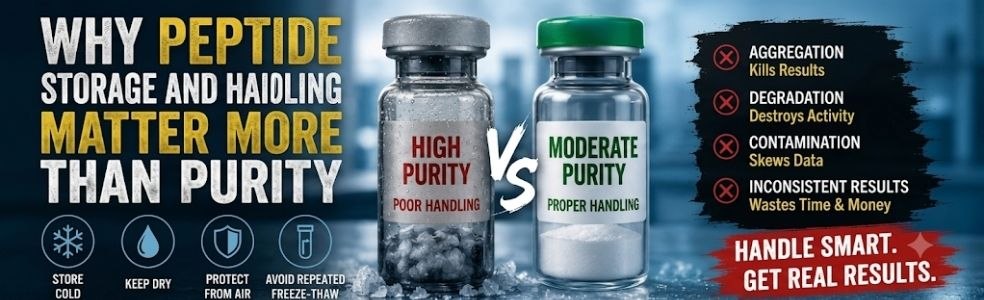 Educational infographic showing why proper peptide storage and handling are more important than Peptide Purity Above 99%, highlighting how temperature, moisture, oxidation, contamination, aggregation, and repeated freeze-thaw cycles affect peptide stability and research results.