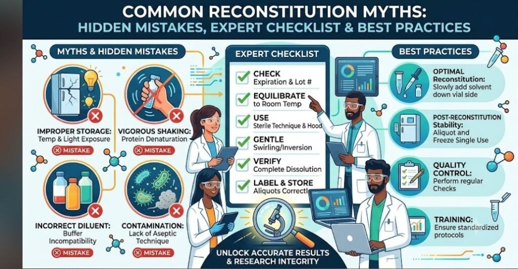 Common Peptide Reconstitution Myths: 15 Dangerous Mistakes Every Researcher Should Avoid for Better Peptide Stability Common Reconstitution Myths" showing a laboratory checklist for researchers. It details hidden mistakes like vigorous shaking and incorrect diluent, an expert checklist for sterile technique, and best practices for optimal reconstitution and aliquot stability to ensure research integrity.