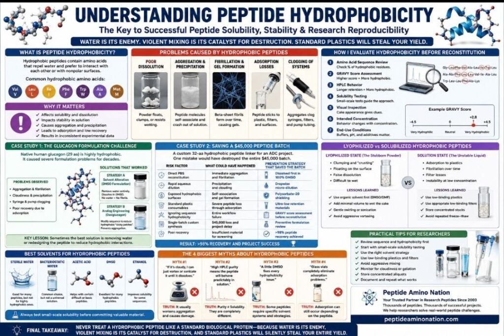 Understanding Peptide Hydrophobicity: 9 Powerful Insights That Prevent Costly Research Failures Understanding Peptide Hydrophobicity infographic showing hydrophobic peptide behavior, aggregation, precipitation, adsorption losses, solvent selection, GRAVY score evaluation, glucagon case study, and expert solutions for improving peptide solubility and stability.