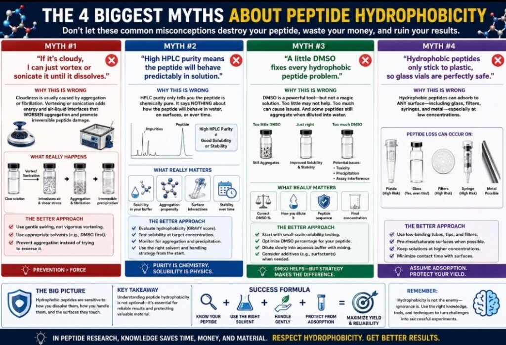 Understanding Peptide Hydrophobicity: 9 Powerful Insights That Prevent Costly Research Failures The 4 Biggest Myths About Peptide Hydrophobicity infographic showing why vortexing does not fix peptide aggregation, why HPLC purity does not guarantee solubility, why DMSO is not a universal solution, and why hydrophobic peptides can adsorb to both plastic and glass surfaces, causing significant peptide loss and stability issues.