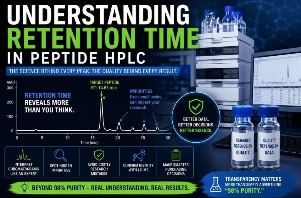 Understanding Retention Time in Peptide HPLC: 15 Powerful Facts Every Researcher Must Know Understanding Retention Time in Peptide HPLC showing a reverse-phase HPLC chromatogram, peptide separation, retention time peaks, LC-MS verification, and peptide quality control used for research-grade peptide analysis.