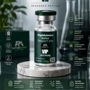 Vasoactive Intestinal Peptide (VIP) research peptide with ≥98% HPLC purity supplied as a lyophilized powder for laboratory research in immunology, neuroscience, cardiovascular biology, pulmonary science, and gastrointestinal research.